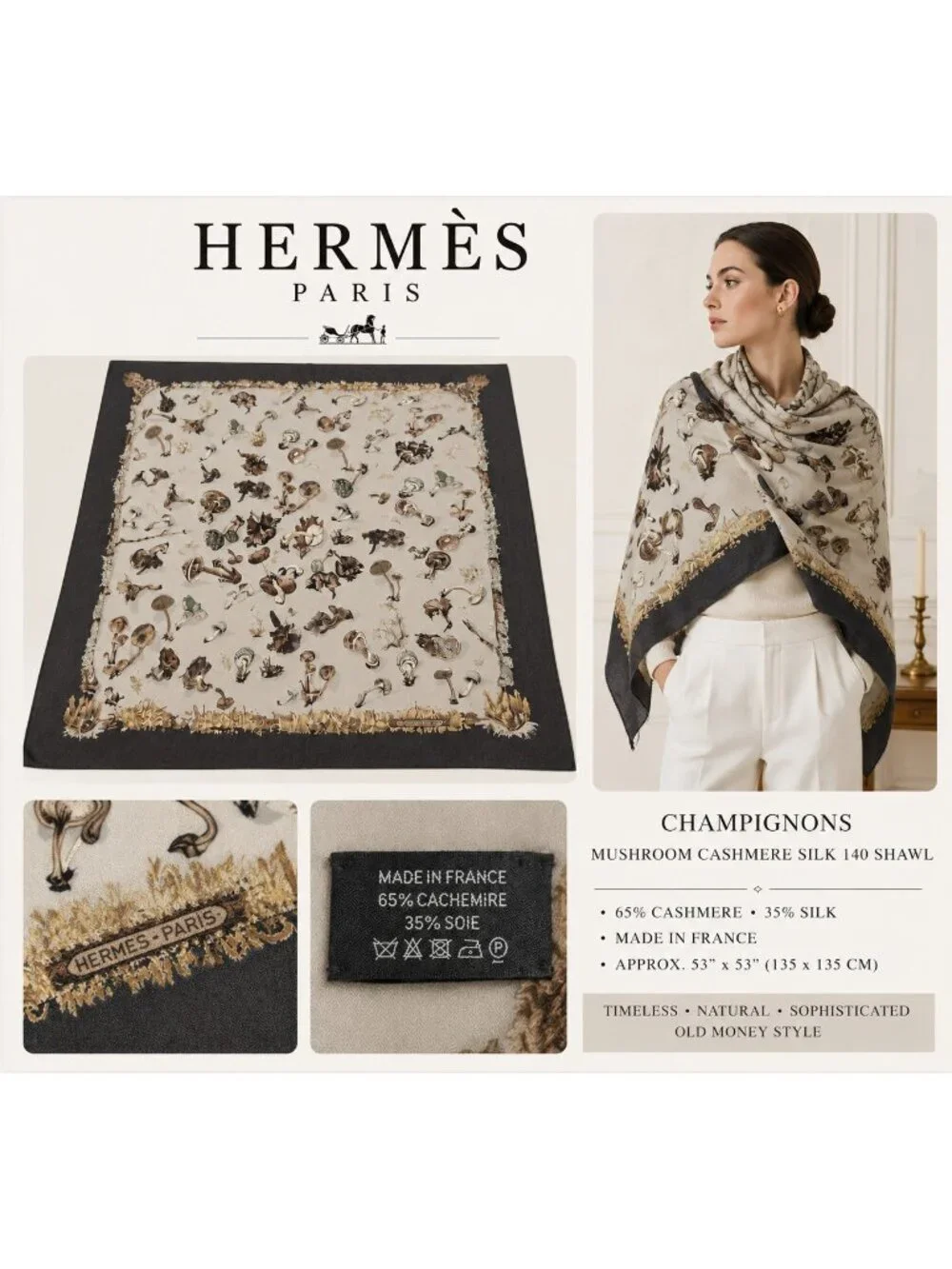 Hermès Paris Champignons Mushroom Cashmere Silk 140 Shawl Scarf Made in France
